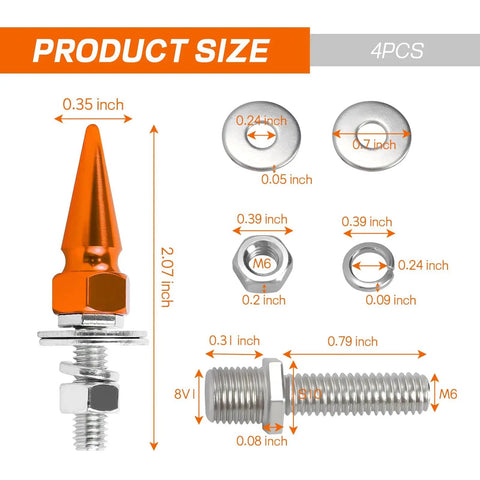 Spike Shape Anti Theft License Plate Screws Kit, 4 Pack, Aluminum Decorative Bolts, product size dimensions