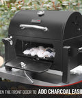 Portable Charcoal Grill With Warming Rack, tabletop outdoor grill showing open front access door and charcoal inside