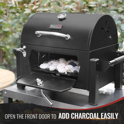 Portable Charcoal Grill With Warming Rack, tabletop outdoor grill showing open front access door and charcoal inside