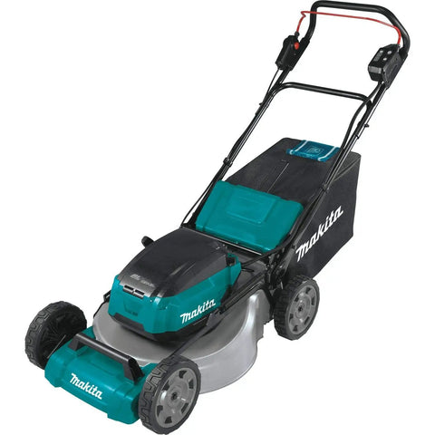 Top Shelf 21 Inch Cordless Lawn Mower Built Ridiculously Tough With A Badass Brushless Motor And Quad Battery Slots To Handle Big Yards Without Gas Grief Tool Only side view of a Makita cordless lawn mower.