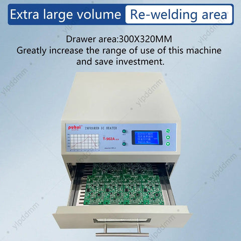 Benchtop Reflow Oven With 1500W Infrared Heater And Hot Air Circulation For PCB SMD SMT BGA Rework, oven drawer open.