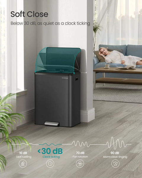 Two Compartment 8 Gallon Stainless Steel Trash Can With Soft Close Lid, Dual 30 Liter Bins For Recycling And Waste