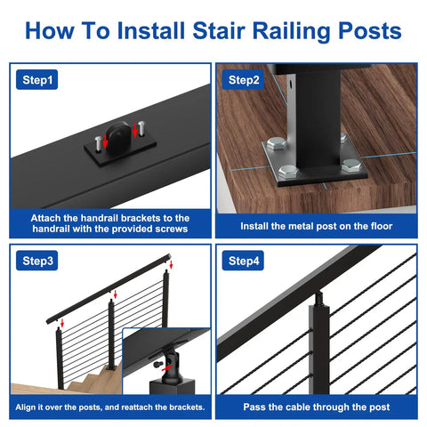 Adjustable Stair Cable Railing Post Kit For Twenty Five To Thirty Five Degree Angles, DIY Friendly Black Swageless System With Thirty Six Inch Posts, Includes Three Stair Posts And 200 Feet Of One Eighth Inch Stainless Cable No Handrail