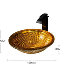 Bathroom Vessel Sink Vanity Tempered Glass Vessel Bowl Sink Round Countertop Sink Bowl Above Counter Sink Art Basin With Waterfall Faucet Pop Up Drain with golden diamond pattern.