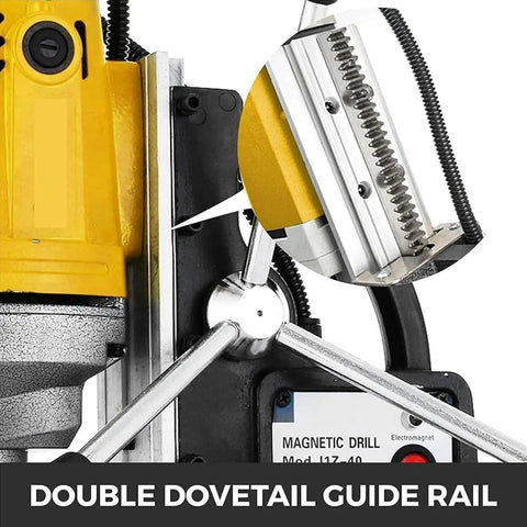 Ditch heavy lifting with this beastly 11 Piece Electric Magnetic Drill Press showing double dovetail guide rail for precision usage.
