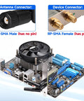 Dual Band WiFi Antenna Set 2.4GHz 5GHz RP SMA Antennas 2 Pack For PC Desktop PCIe Cards Routers External Adapters And Wireless Back Up Cameras shown with RP-SMA connectors and network card