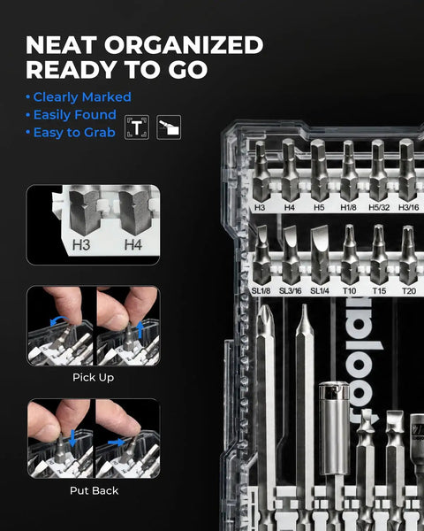 Close-up of the Best Go To 46 Piece Screwdriver Bit Set With S2 Steel Bits in sturdy case, highlighting marked and organized bits.