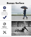 Comparison of bumpy concrete surface effect: woman walking safely on textured path, top; woman slipping on smooth concrete, bottom.