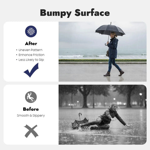 Comparison of bumpy concrete surface effect: woman walking safely on textured path, top; woman slipping on smooth concrete, bottom.