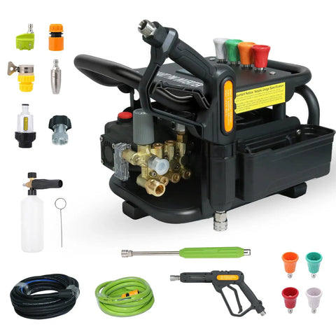 Beefed Up Electric Pressure Washer 100 Bar 2.3 GPM With PM Inverter 3HP Motor Horizontal Triplex Pump Ultra Quiet Includes 7 Nozzles