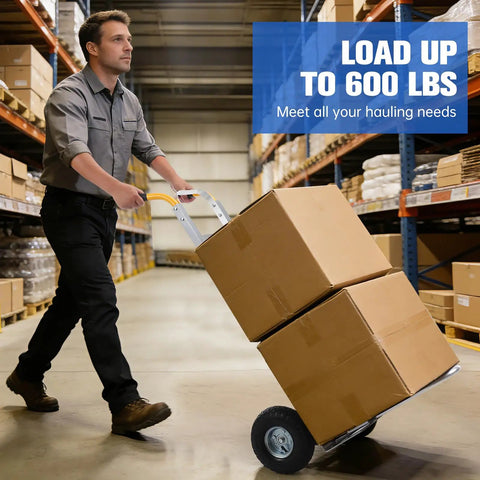 Heavy Duty Aluminum Hand Truck Dolly Cart With Ten Inch Pneumatic Tires Extendable Frame Delivers 600 Pound Capacity In Warehouse