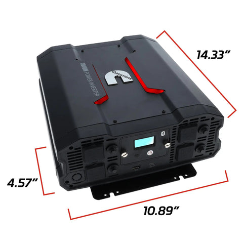 Heavy Duty 3000 Watt Power Inverter Kicks Butt Running Gear By Steadily Converting 12v Dc To 110v Ac shown with dimensions and features.