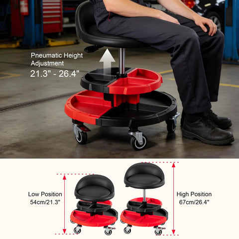 Rolling Mechanic Garage Stool With Modular Removable Tool Tray Pneumatic Height Adjustable Shop Chair in use, showing dual tray system