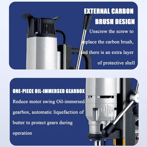 External carbon brush design and oil-immersed gearbox on Huge 1200 Watt Magnetic Drill Press for effective metal work.