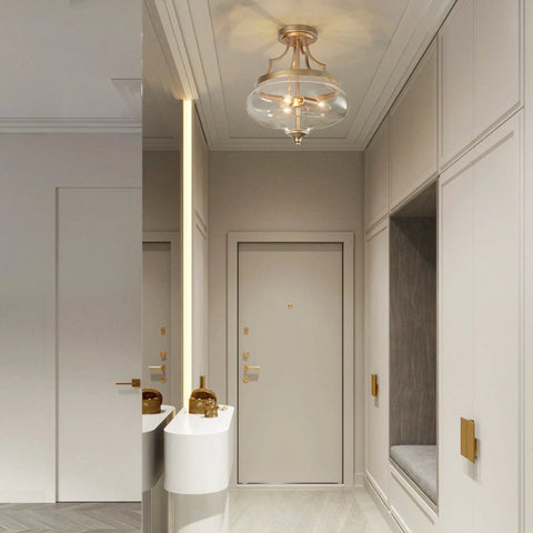 Gold Semi Flush Mount Ceiling Light With Fishbowl Glass Shade Chic Modern Minimalist Fixture For Dining Room Living Room Kitchen Island And Bedroom 3 Lights Close To Ceiling in hallway.