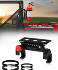Polaris Ranger Fire Extinguisher Mount With Quick Release Holder And Aluminum Bracket Pro Fit Cage Compatible, shown on UTV.