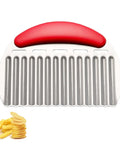 Crinkle cutter potato slicer with red ergonomic handle and stainless steel ridged blade for fries and chips