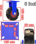 Heavy Duty Rubber Castor Wheels With Lock Brakes Chunky Steel Swivel Casters 6 inch size with blue coating and detailed dimensions