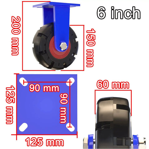 Heavy Duty Rubber Castor Wheels With Lock Brakes Chunky Steel Swivel Casters 6 inch size with blue coating and detailed dimensions