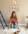 Woman using Fern Wall Stencil Set 2 Pack 17 By 22.5 Inches For Painting Large Patterns Perfect DIY Wallpaper Alternative