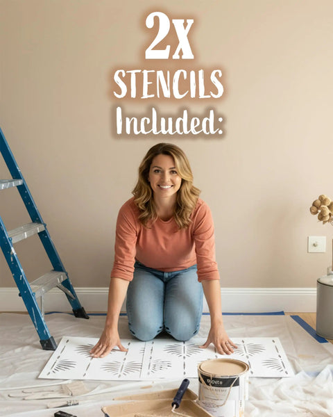 Woman using Fern Wall Stencil Set 2 Pack 17 By 22.5 Inches For Painting Large Patterns Perfect DIY Wallpaper Alternative