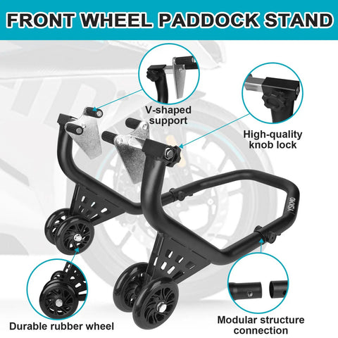 Heavy Duty Front Wheel Paddock Stand For Motorcycles, 500 Lb Capacity, Black, V Shaped Support, Easy Lift And Install, Fits Yamaha Suzuki Ducati Honda BMW And More