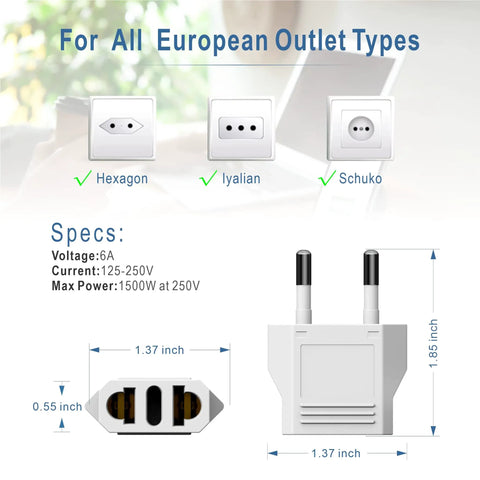 Detailed view of Six Pack US To Europe Plug Adapters For European Outlets 220V To 110V Travel Converter Type C Euro Plug