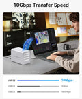 Man using a laptop with Kickass 2.5 Inch 4 Bay Raid Enclosure Featuring Usb 3.2 Gen 2 Ports for video editing.