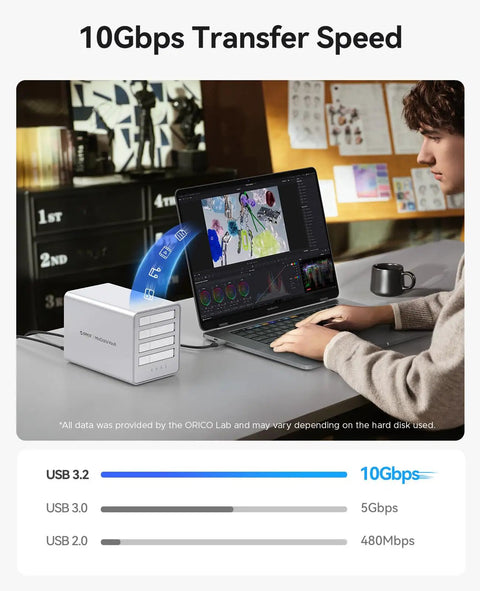 Man using a laptop with Kickass 2.5 Inch 4 Bay Raid Enclosure Featuring Usb 3.2 Gen 2 Ports for video editing.