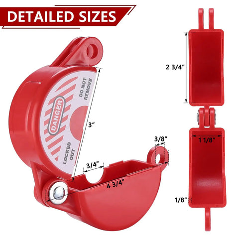 Detailed view of Heavy Duty Gate Valve Lockout Set With Keyed Alike Safety Padlocks, built tough, showing dimensions and red color