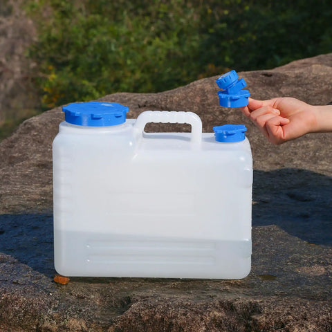 4 Gallon Camping Water Jug with Spigot for Emergency Water Storage Outdoors, Built Tough Food Grade PE Bottle on a rock