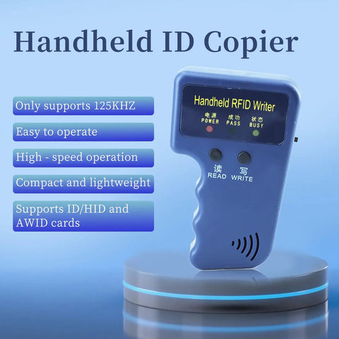 Handheld 125KHz RFID Writer And Duplicator Kit For ID HID AWID Access Control shown with high-speed operation and lightweight design.