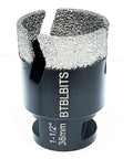 BTBLBITS dry diamond core drill bit, close-up view, 1-1/2 in (38 mm) tile hole saw with 3/8 in hex shank adapter