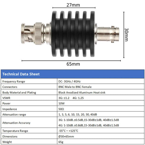 Beefed Up High Power 30dB BNC Attenuator 10W 50 Ohm Coax RF Attenuator 3GHz Male To Female Connector with technical data sheet