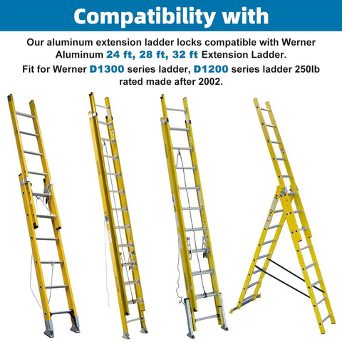 Aluminum Extension Ladder Lock Kit Fits 24 Ft 28 Ft 32 Ft Rung Ladders 250 Lb Capacity D1200 D1300 Series Safe Durable Heavy Duty Upgrade With Easy Install for Werner extension ladders