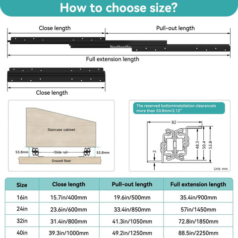 Diagram showing dimensions and installation for Beefy Undermount Drawer Slides 260 Lb Load Capacity 16 Inch 1 Pair.