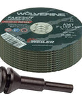 Weiler Wolverine die grinder cut-off wheel and mandrel kit, 3in x 1/16in thin wheel, 3/8in arbor; includes 10 discs