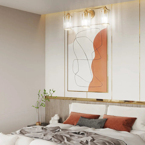 Gold vanity light fixture with crystal accents over modern decor, illustrating 3 Light Gold Vanity Light Fixture For Bathroom With Crystal Accents Over Mirror, Dimmable E26 Sockets, Modern Gold Bath Lighting Upgrade, Bulbs Not Included, Easy Install And Sleek Look setup.
