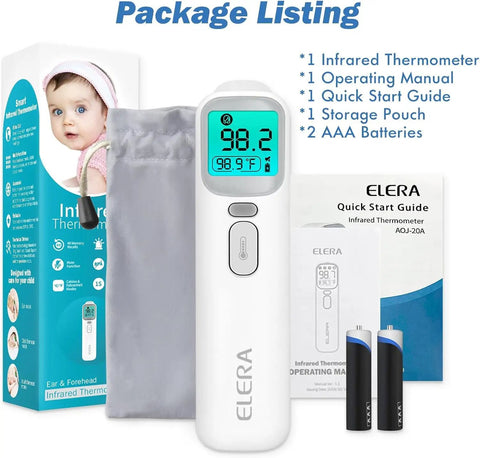 Kid Friendly Forehead And Ear Thermometer With No Contact 1 Second Reading For Kids And Adults Fever Alarm Mute Mode LCD Display Touchless Scan For Babies Toddlers And Family, with box and batteries