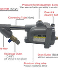 Automatic Drain Valve For Air Compressor G1/2 Inch 1.6 MPa Drainer showcasing aluminum alloy shell with labeled parts and connections.