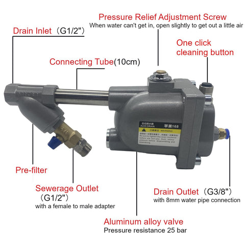 Automatic Drain Valve For Air Compressor G1/2 Inch 1.6 MPa Drainer showcasing aluminum alloy shell with labeled parts and connections.