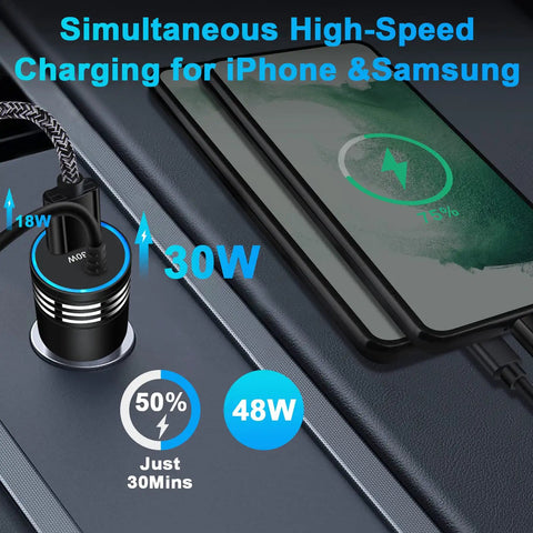 48W USB C Car Charger With Built In 30W Type C Cable Fast Charge Android Car Adapter charging devices simultaneously in car