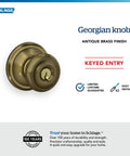 Georgian Knob Keyed Entry Lock in Antique Brass for front or back door with easy release and durable antique finish