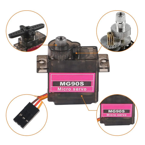 Close-up of MG90S Micro Servo Pack 8 Pack 180 Degree 9G Geared Servos showing metal gears, wiring, and MG90S micro servo label