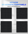 Top Shelf Heavy Duty 48 Pack Sound Proof Foam Panels High Density Acoustic Wedge Tiles arranged in stylish patterns.