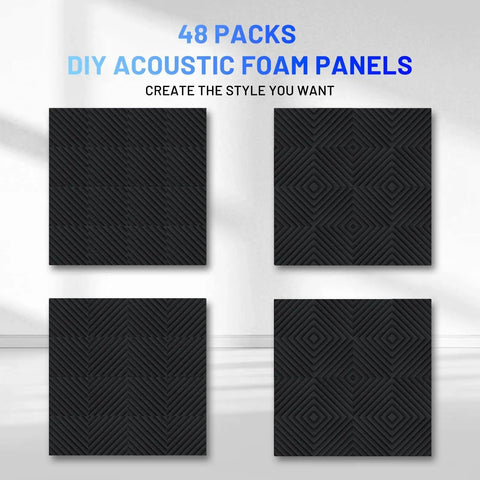 Top Shelf Heavy Duty 48 Pack Sound Proof Foam Panels High Density Acoustic Wedge Tiles arranged in stylish patterns.