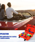 18 Pack Universal Radiator Pressure Leak Tester Kit For Automotive Coolant Systems On Cars Trucks And Motorcycles With Easy Air Bleed And Fast Leak Detection And Multi Function Testing In One Red Set shown next to couple in convertible car