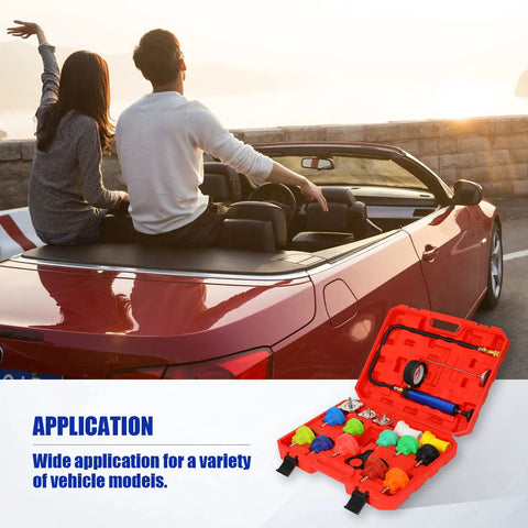 18 Pack Universal Radiator Pressure Leak Tester Kit For Automotive Coolant Systems On Cars Trucks And Motorcycles With Easy Air Bleed And Fast Leak Detection And Multi Function Testing In One Red Set shown next to couple in convertible car