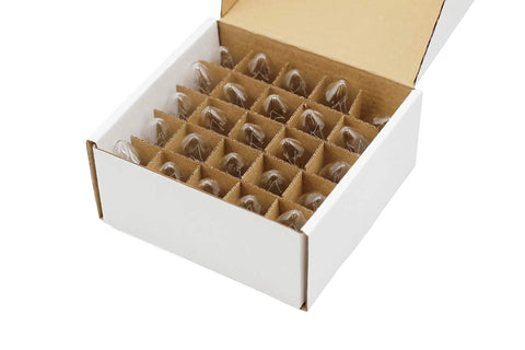 Open box of 7 Watt 130V C7 Night Light Bulbs 40 Lumens Long Lasting Incandescent Replacement With E12 Candelabra Base Clear Finish Cozy Glow 25 Pack