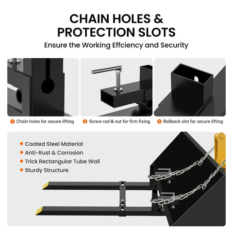 Clamp On Debris Forks For 60 Inch Bucket With 2000 Lbs Capacity Heavy Duty Pallet Forks Attachment chain holes protection